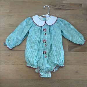 Stitchy Fish Christmas bubble romper - Green Gingham with candy cane embroidery